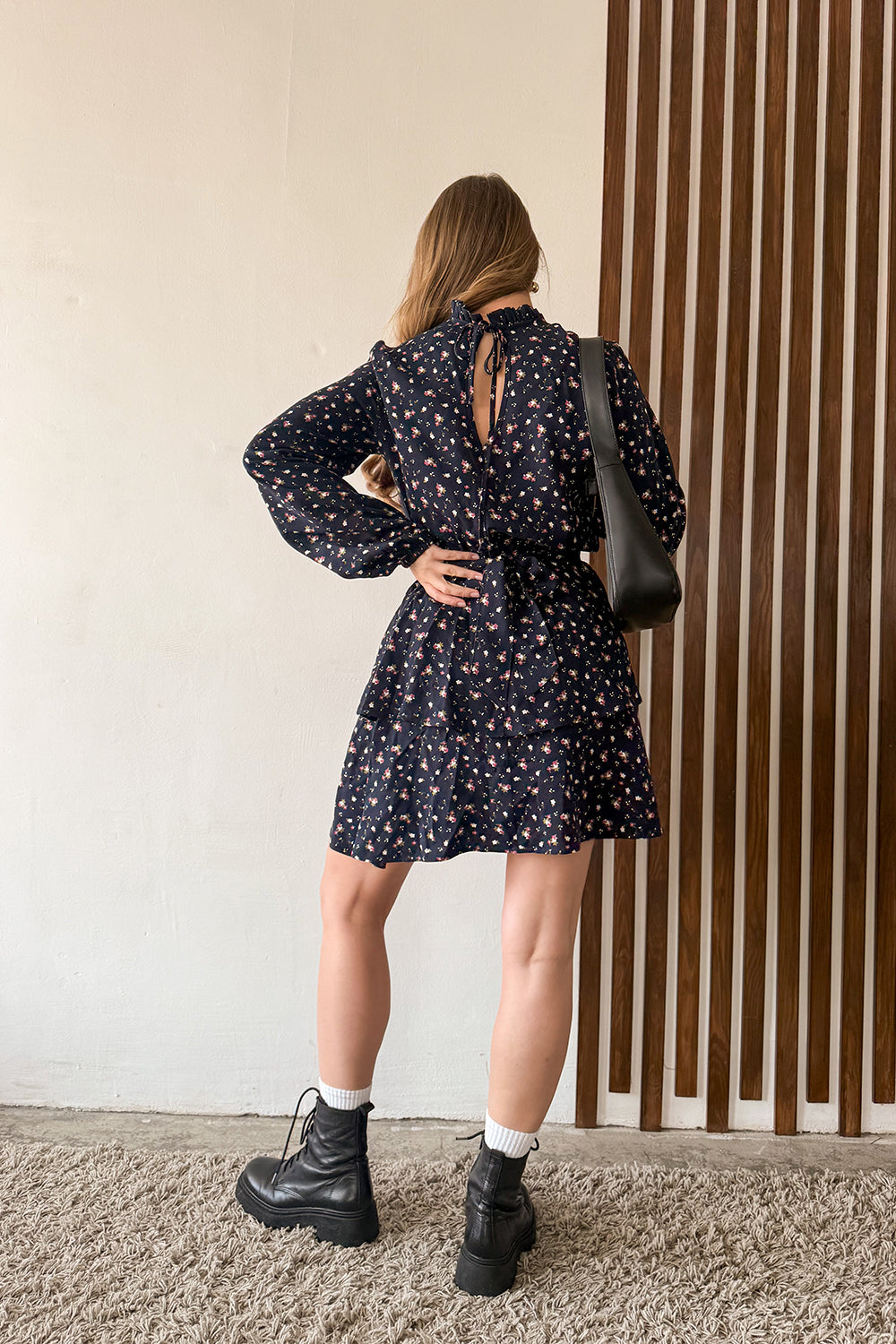 Loose Navy Blue Mini Dress with Full Skirt