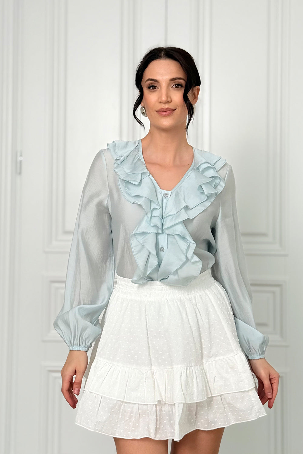 Blue blouse with double ruffles