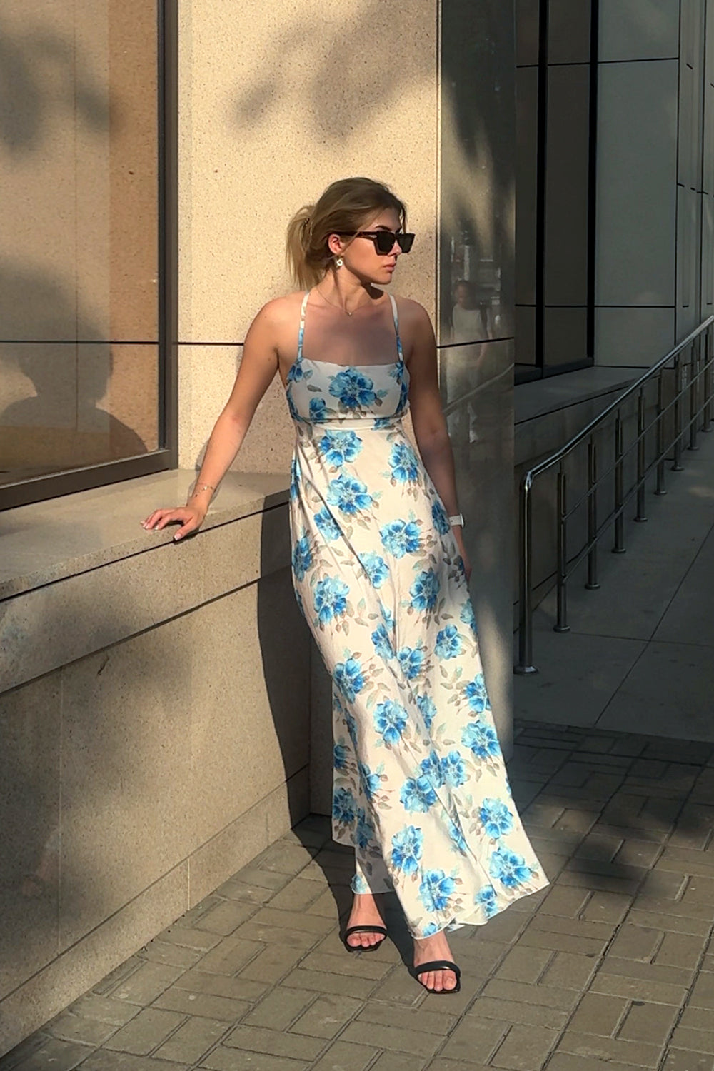 Blue Summer Dress with Open Back