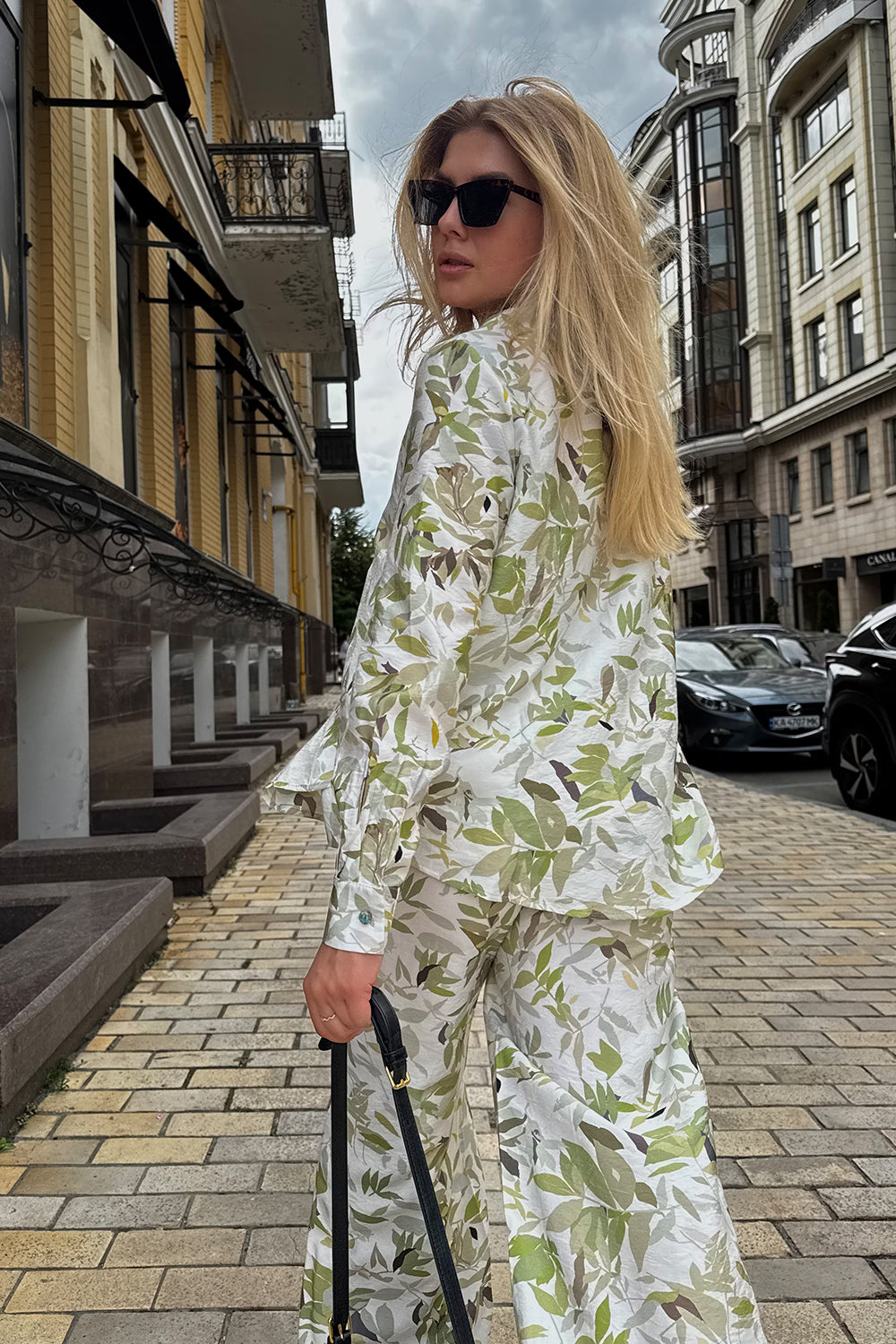 Green muslin suit with shirt and trousers
