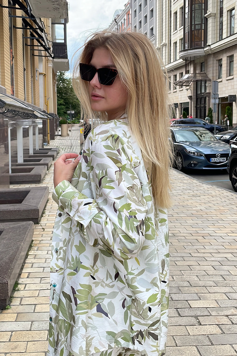Green muslin suit with shirt and trousers