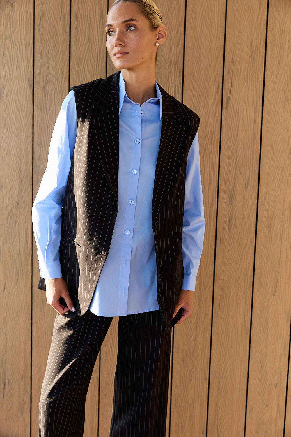 Black long vest with striped print