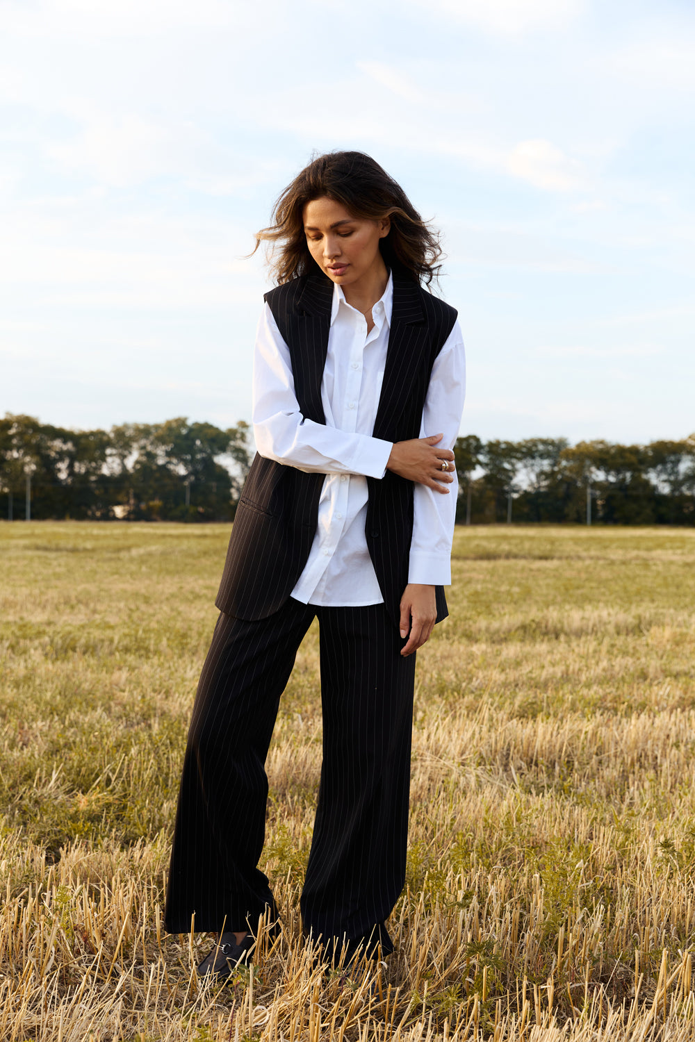 Black wide leg pants with striped print