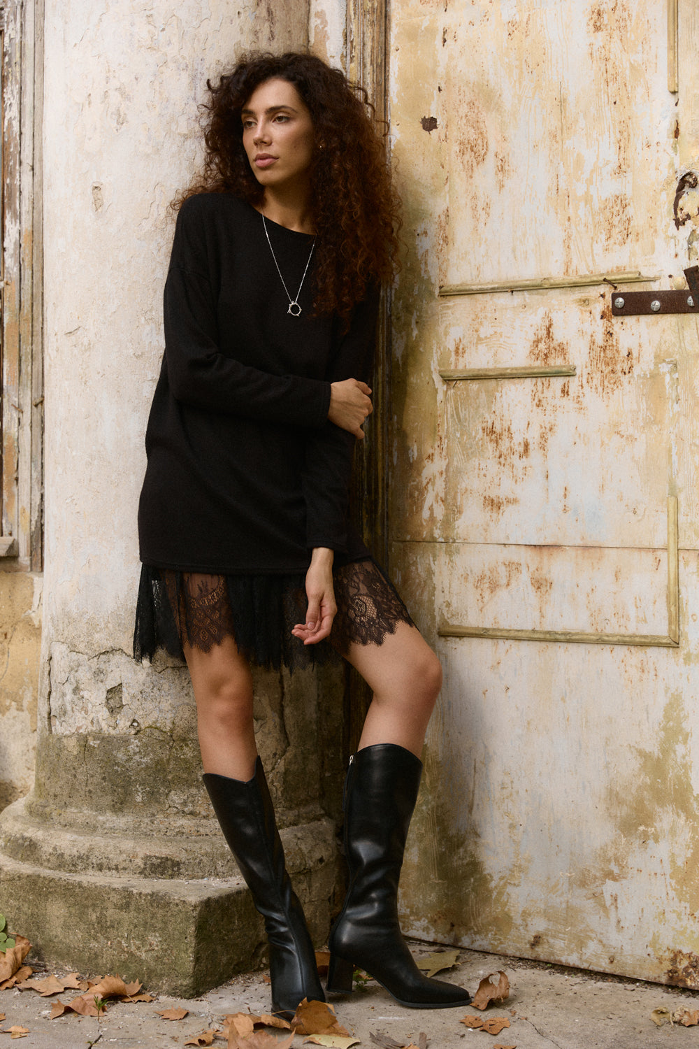 Black Angora Dress with Lace Skirt