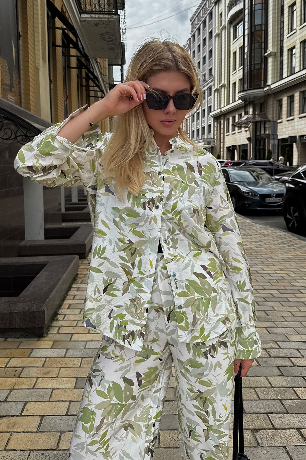 Green muslin suit with shirt and trousers