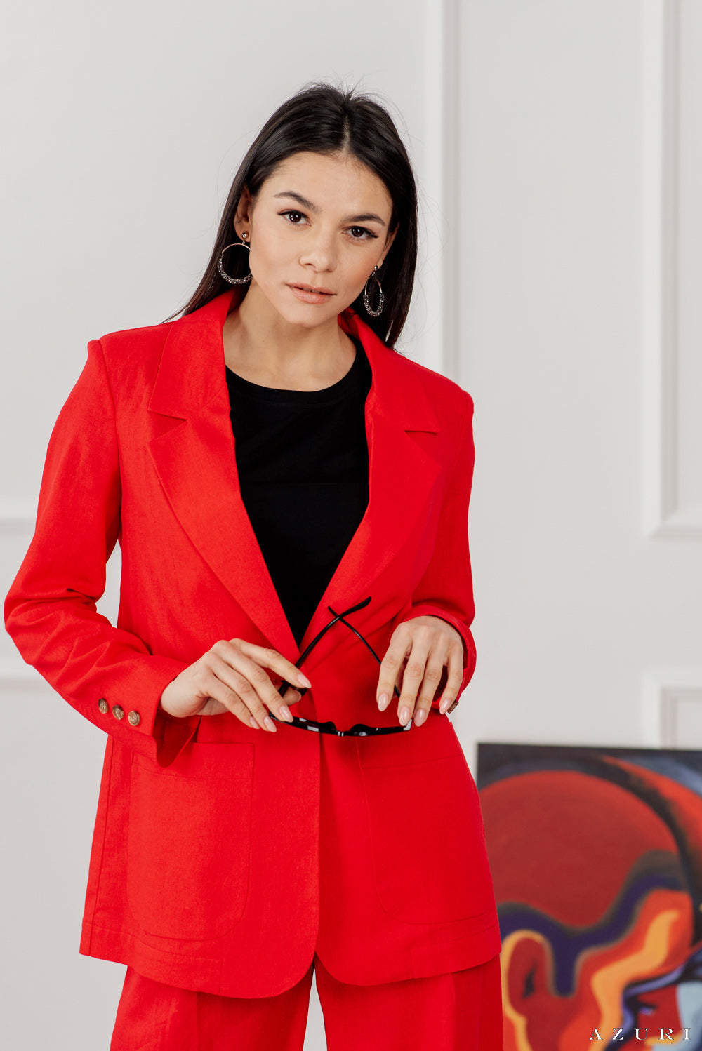 Red linen blazer with button