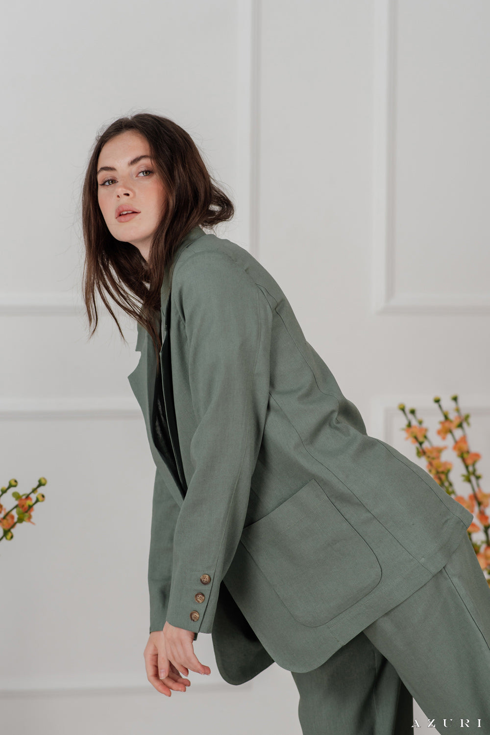 Olive Leinen Blazer mit Knöpfen