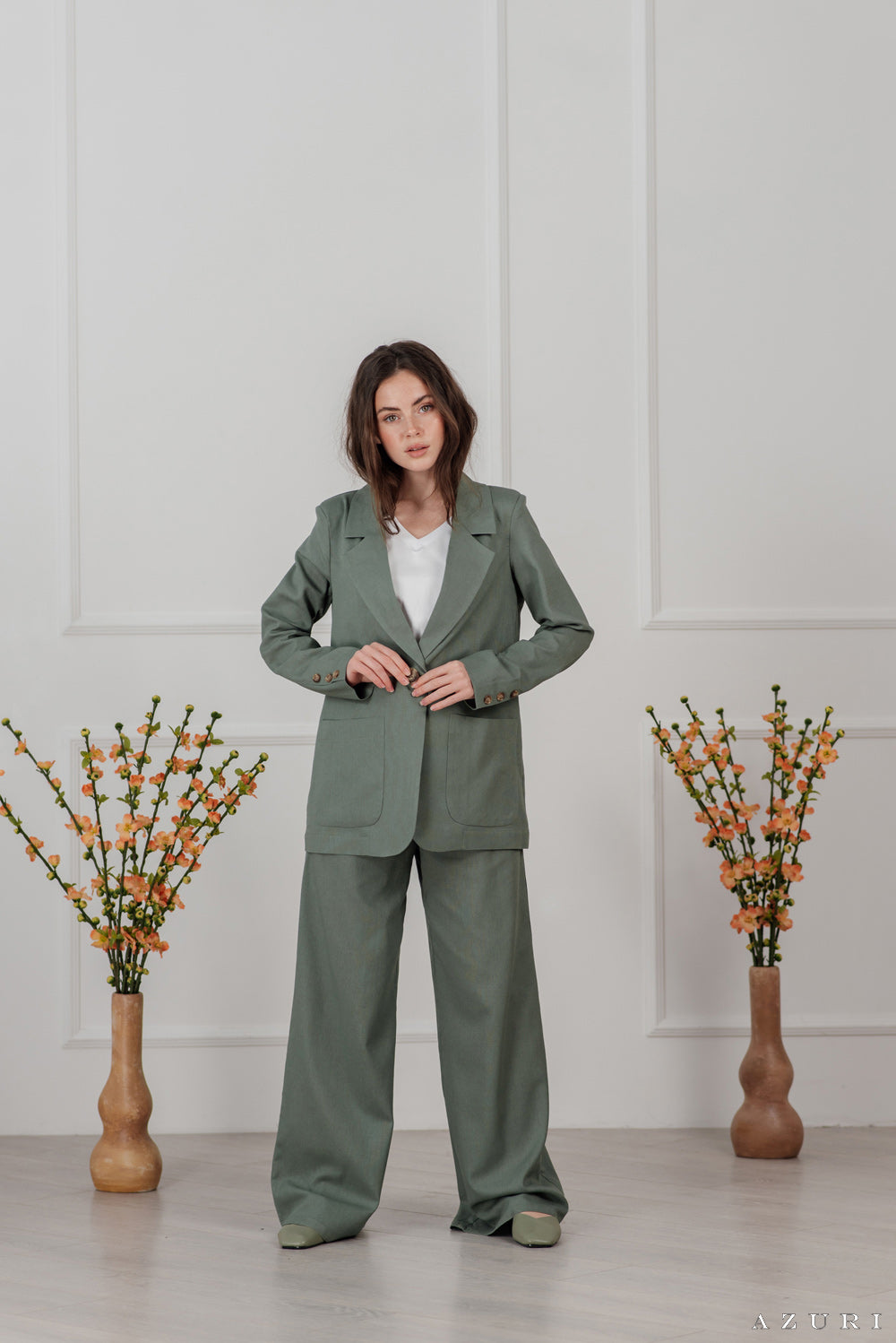 Olive Leinen Blazer mit Knöpfen