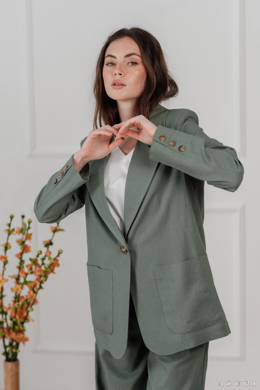 Olive Leinen Blazer mit Knöpfen