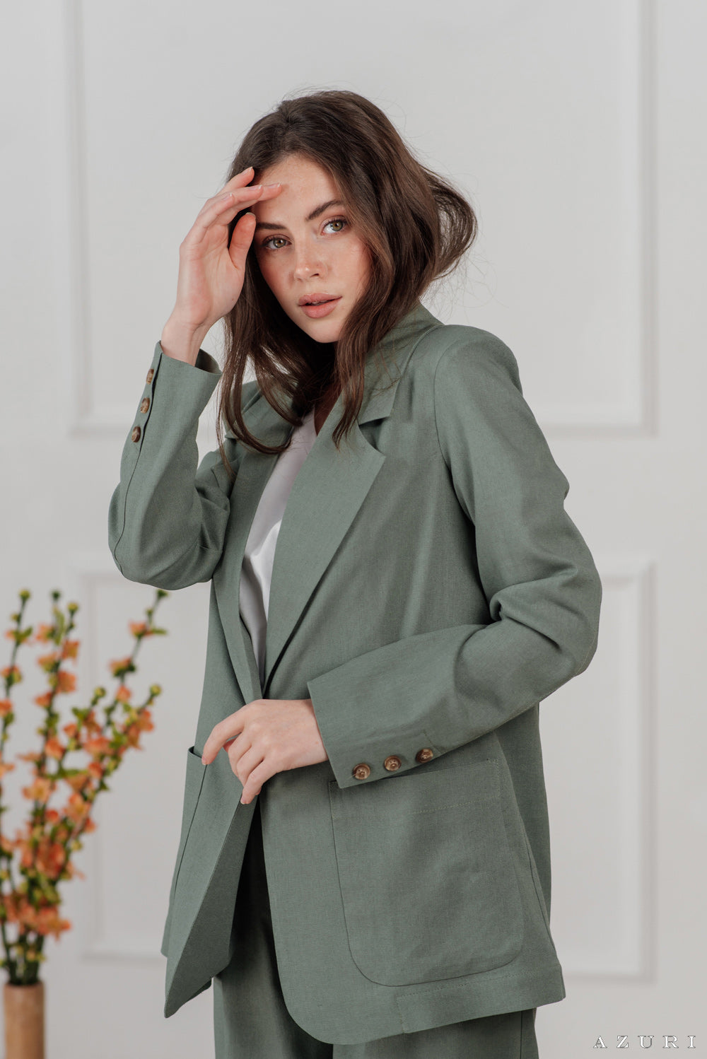 Olive Leinen Blazer mit Knöpfen