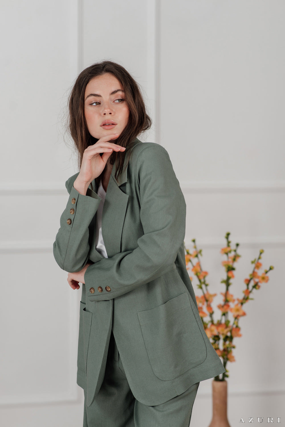 Olive Leinen Blazer mit Knöpfen