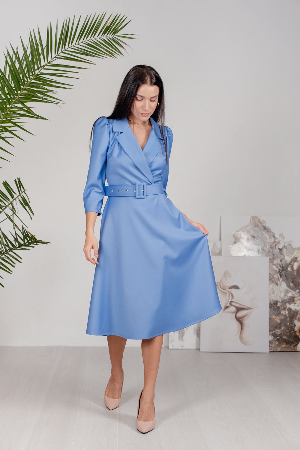 Blue Midi Dress with Plaid Collar