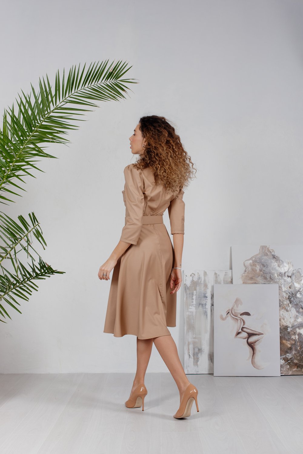 Beige midi dress with English collar