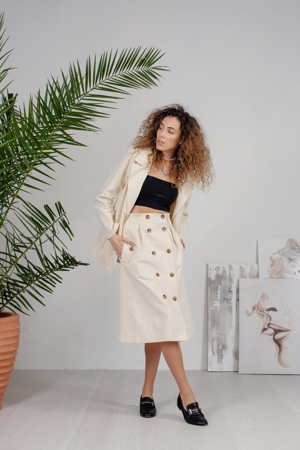 Cream midi skirt in safari style