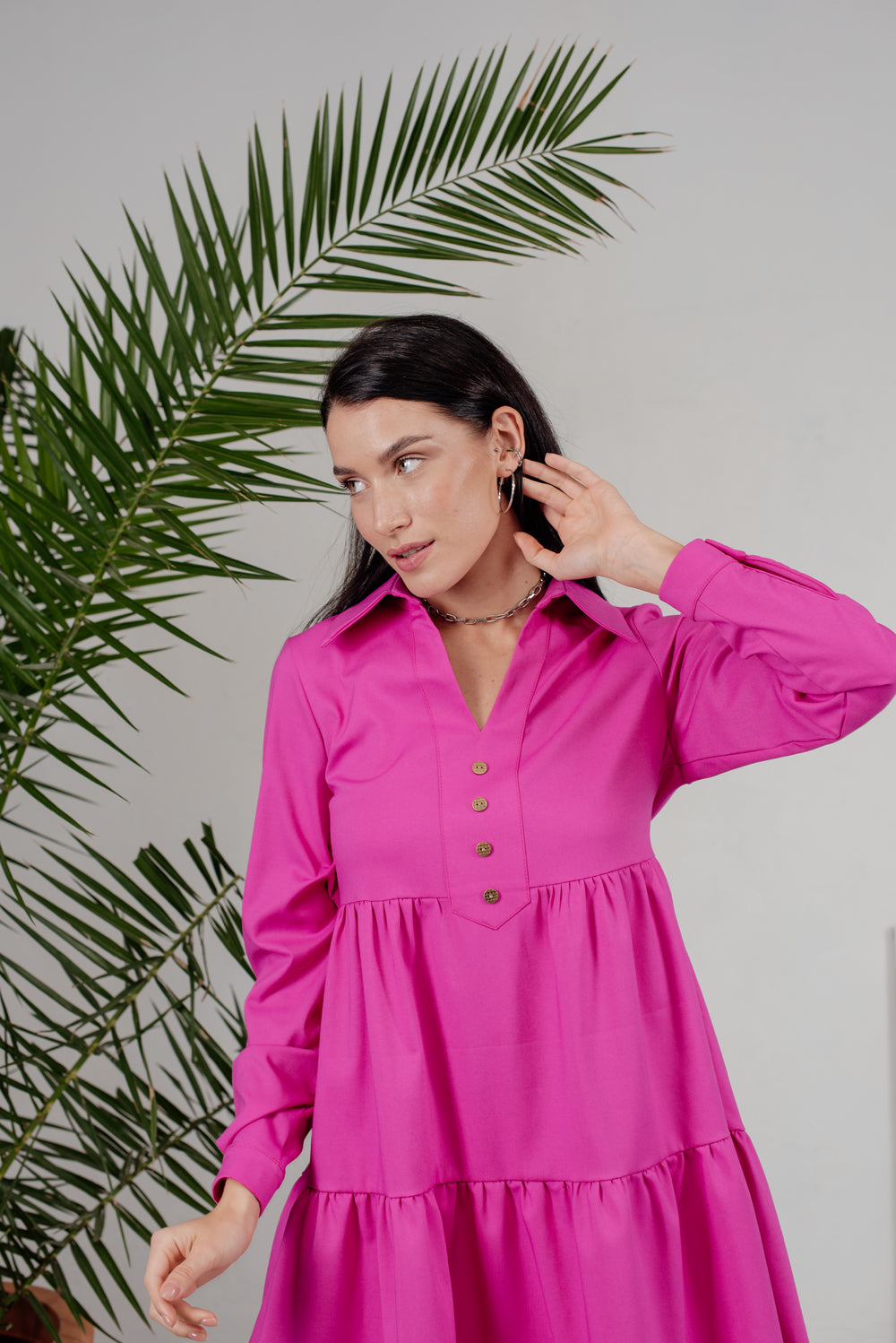 Fuchsia mini dress with decorative buttons