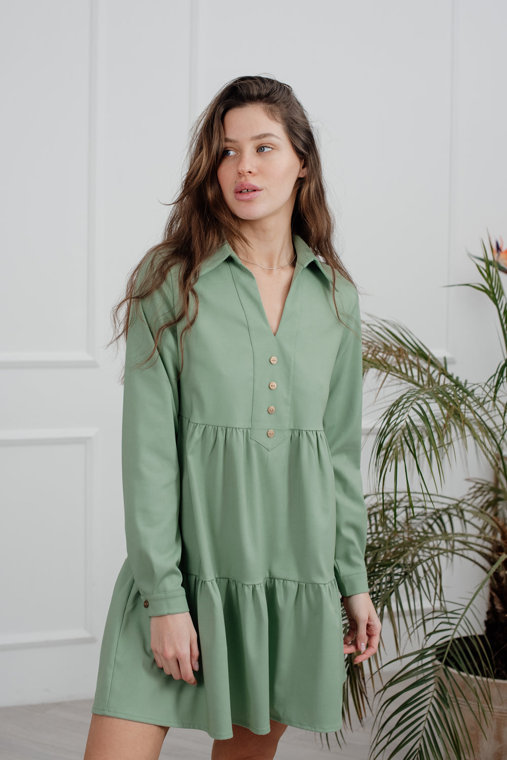 Avocado-Mini kleid mit dekorativen Knöpfen