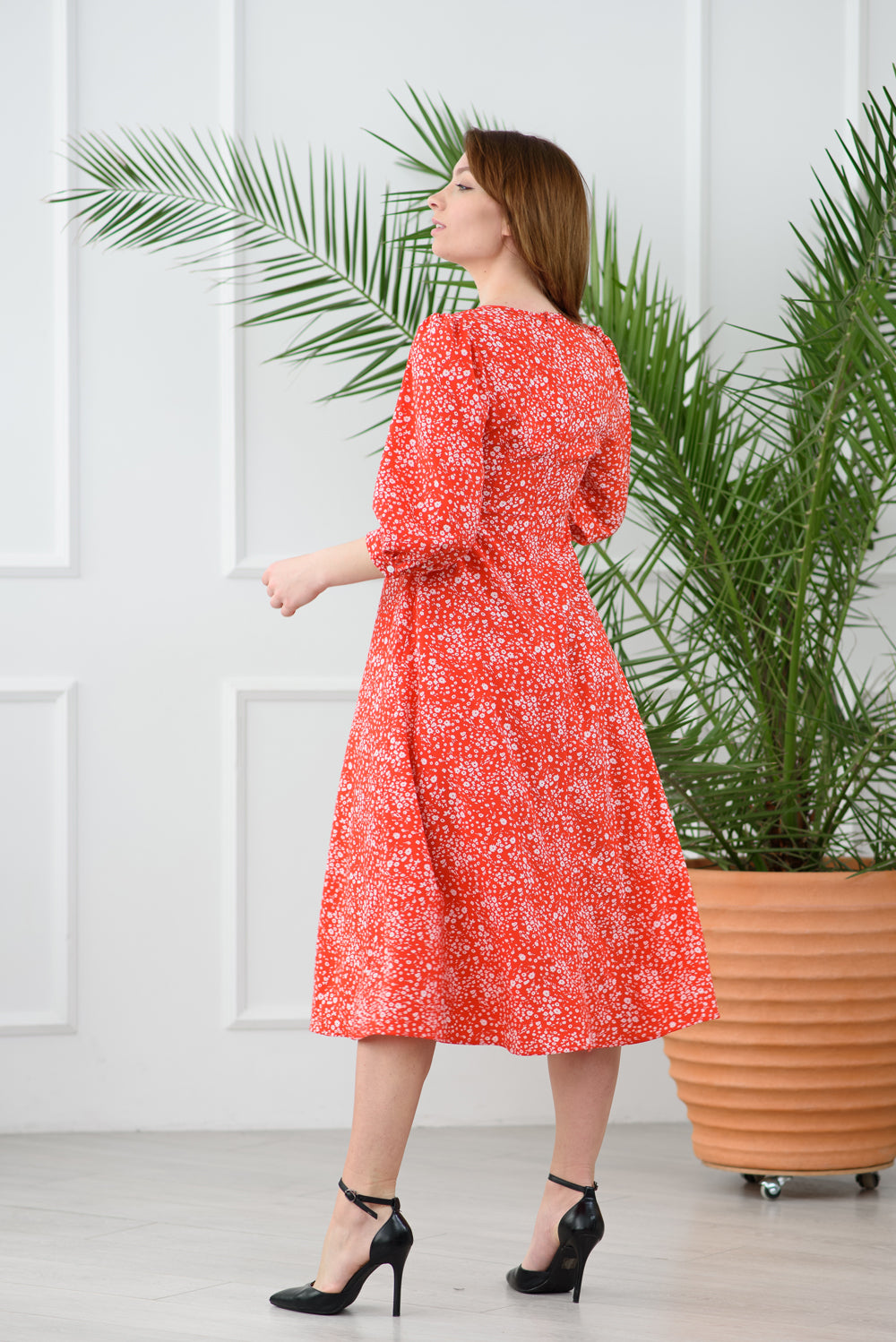 Red long floral print dress