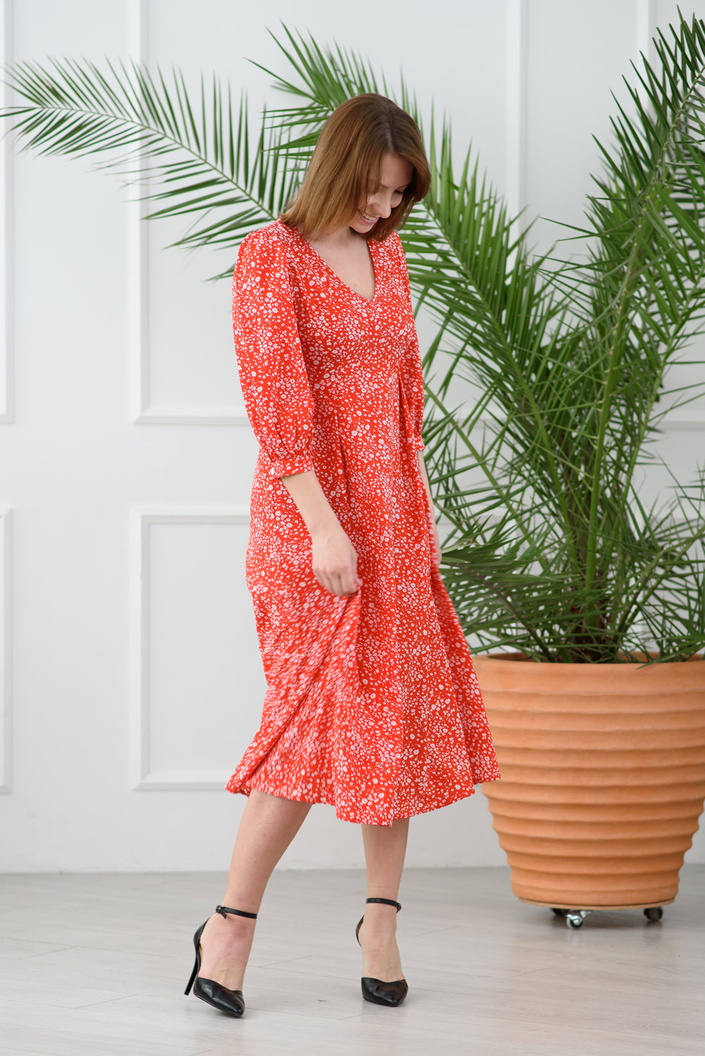 Red long floral print dress