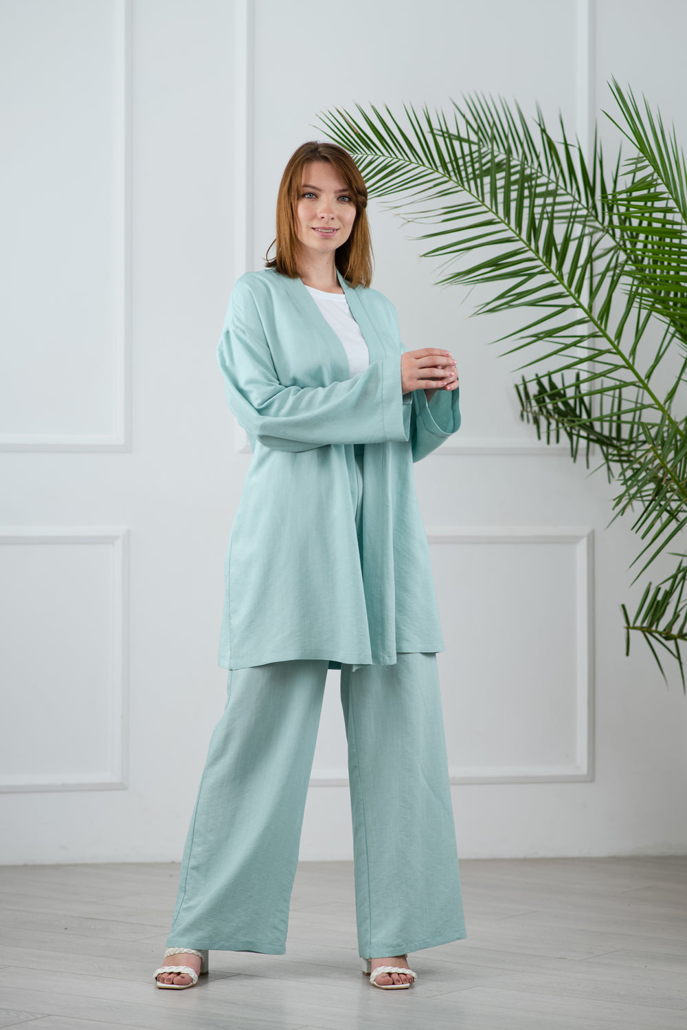 Mint kimono suit with flared trousers