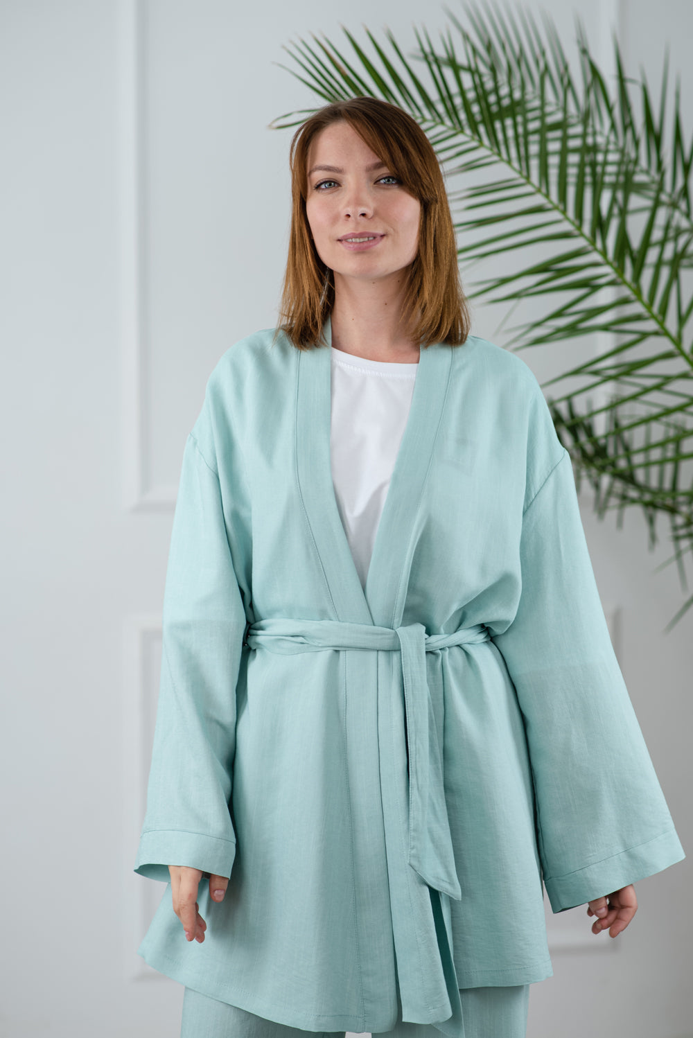 Mint kimono suit with flared trousers