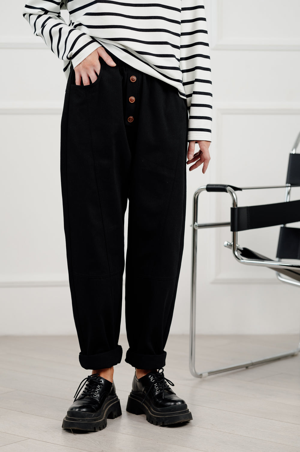 Black denim slouchy trousers.