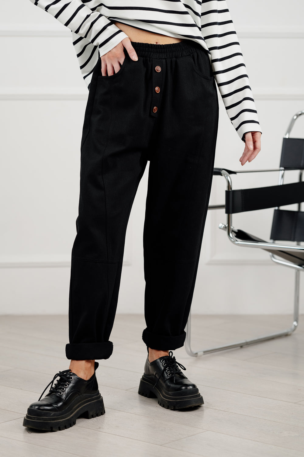 Black denim slouchy trousers.