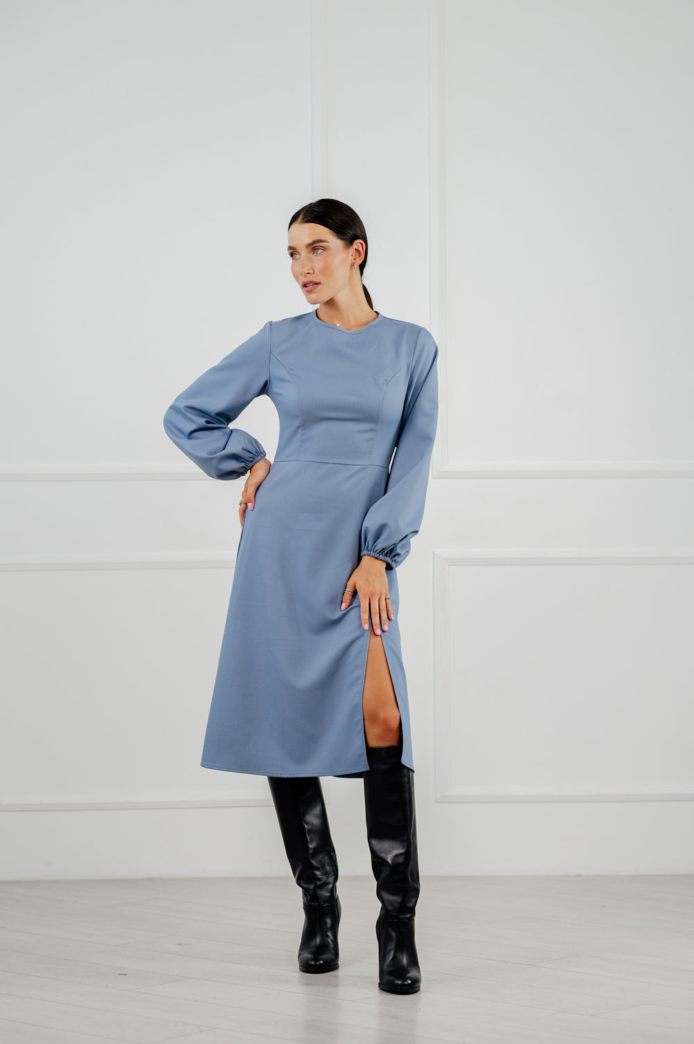 Midi length dress in serenity shade