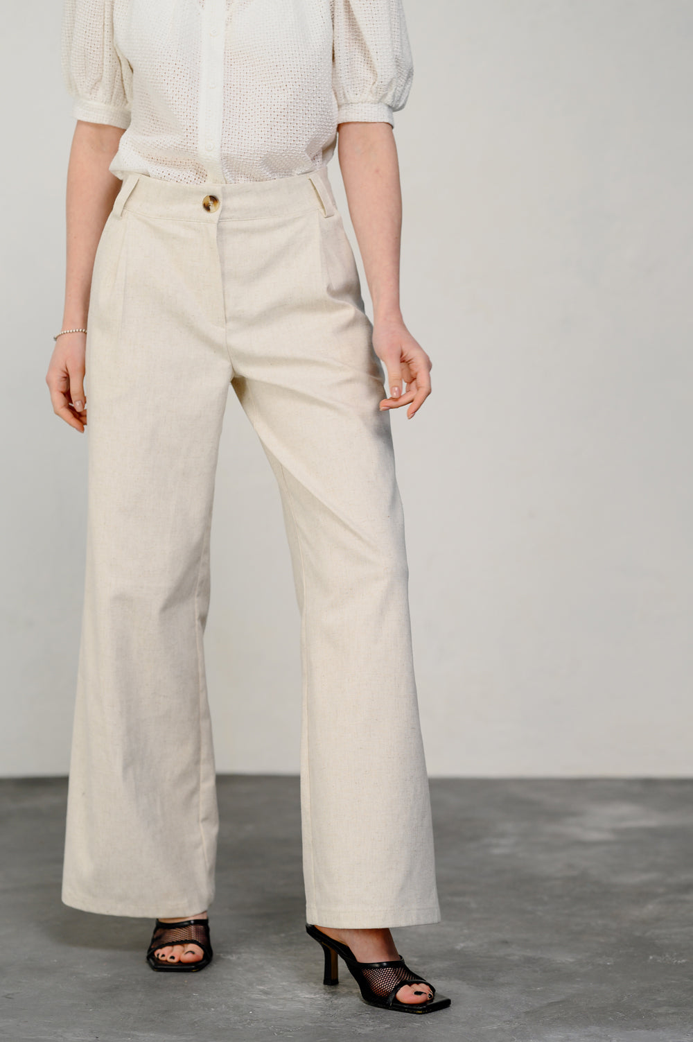 Ivory linen wide leg trousers