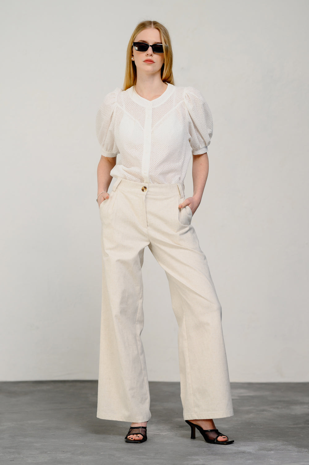 Ivory linen wide leg trousers