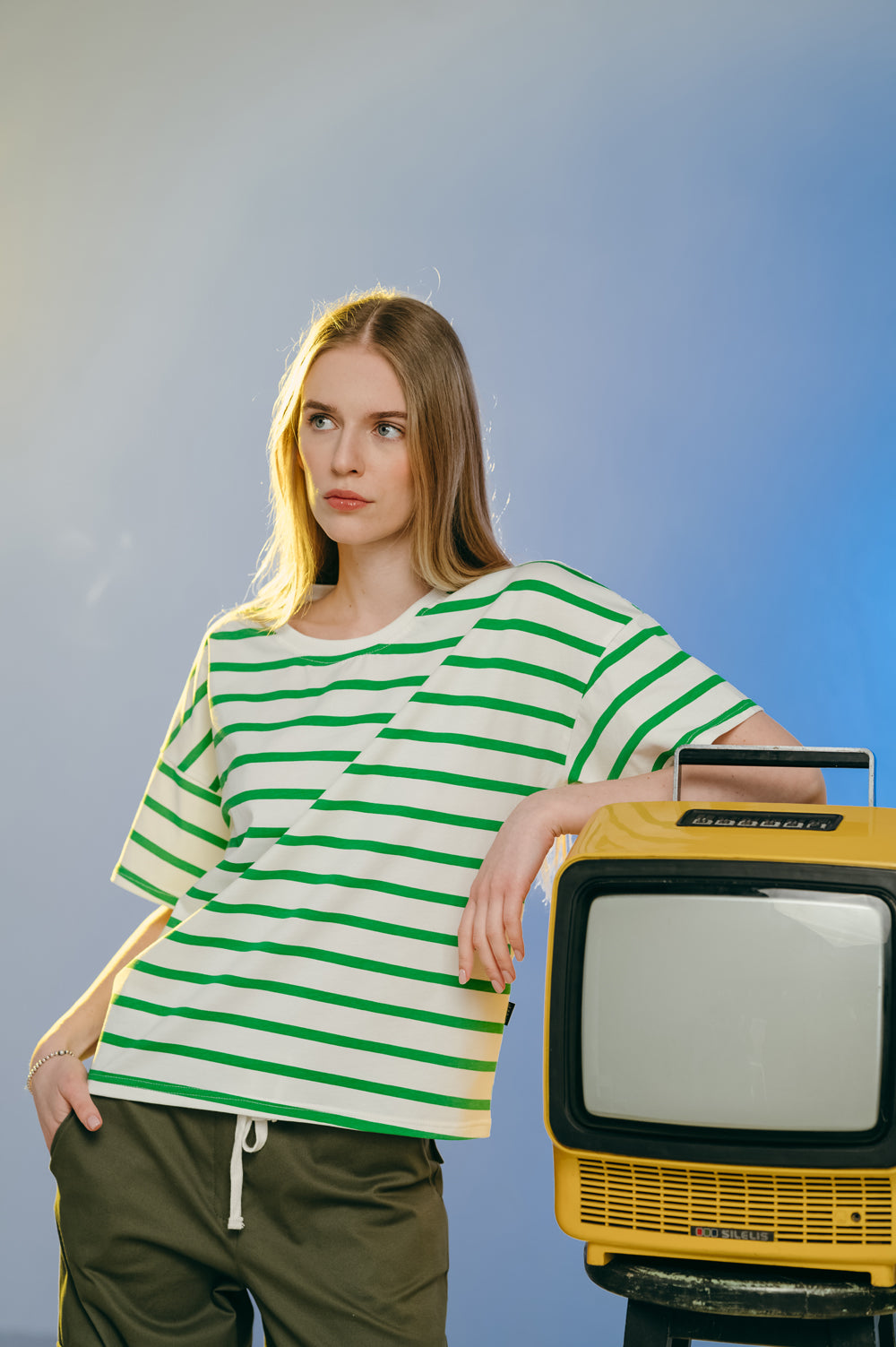 Oversized T-shirt with green stripes