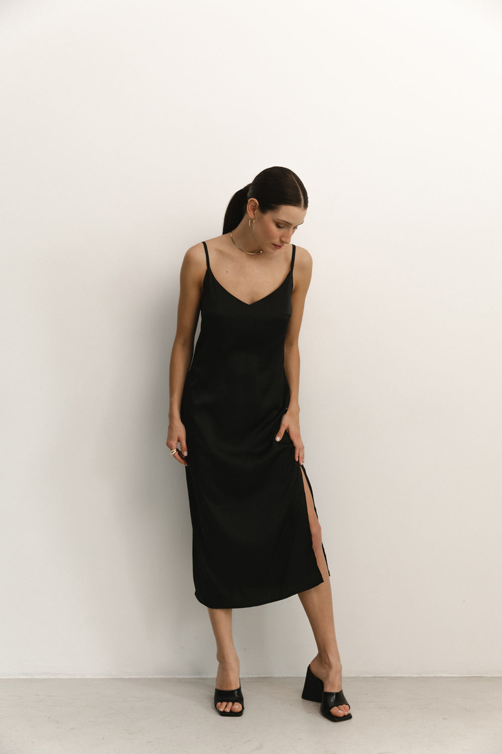 Black silk midi dress in linen style