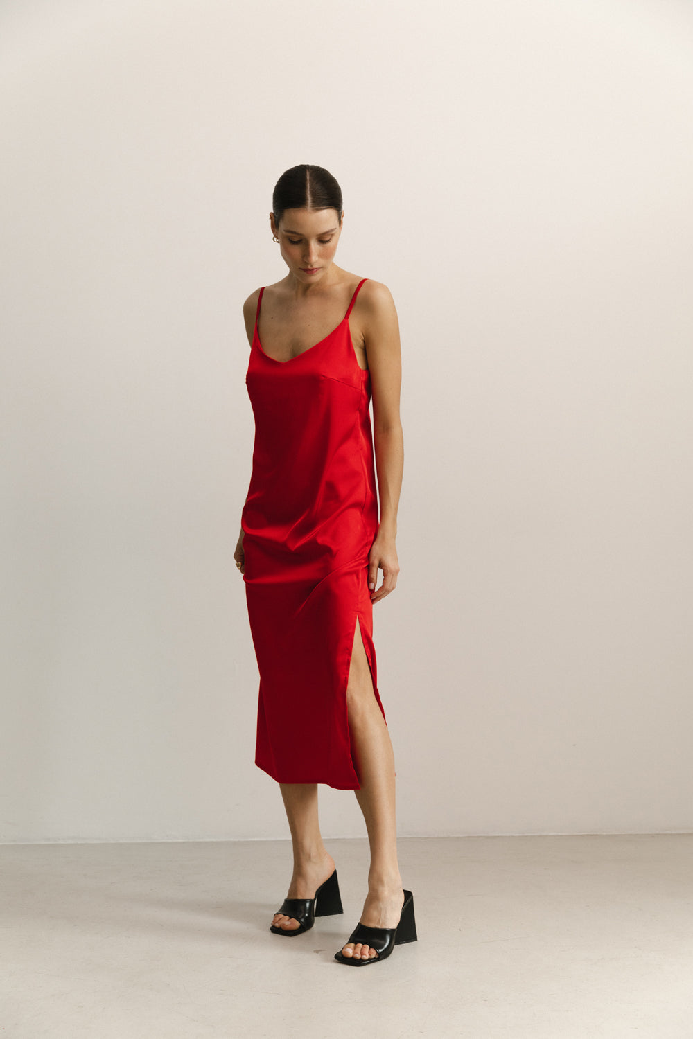 Red Silk Linen Style Midi Dress