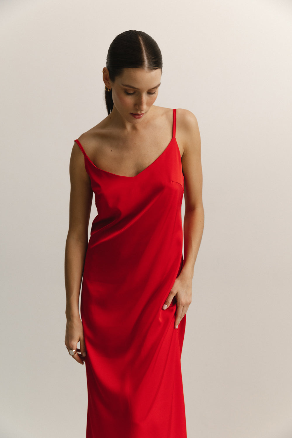 Red Silk Linen Style Midi Dress