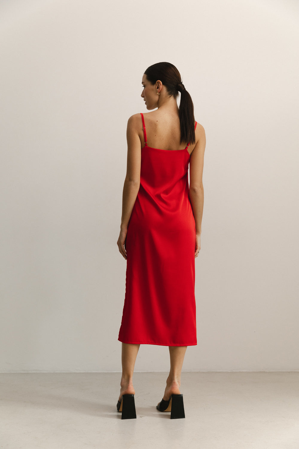 Red Silk Linen Style Midi Dress