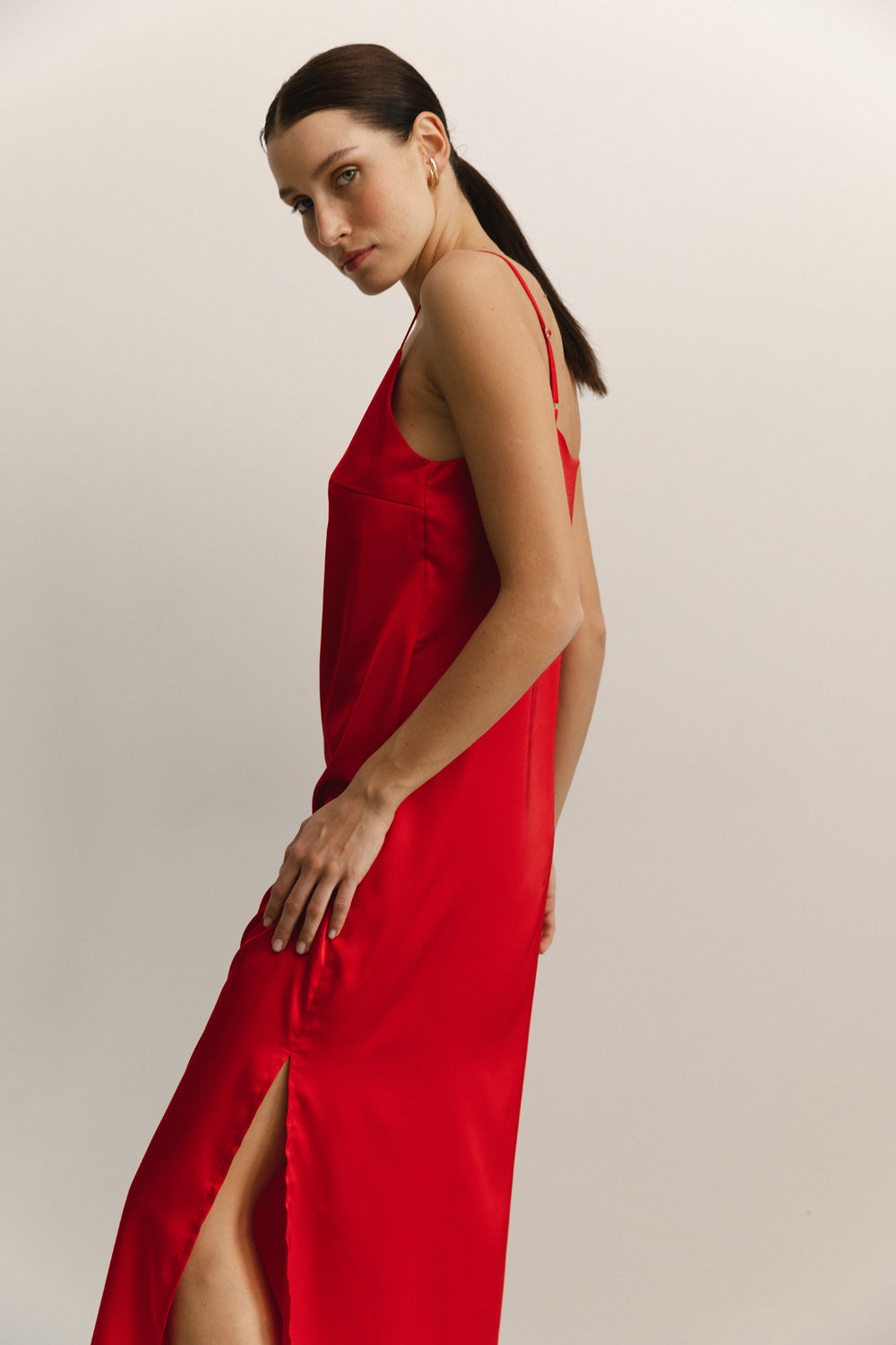 Red Silk Linen Style Midi Dress