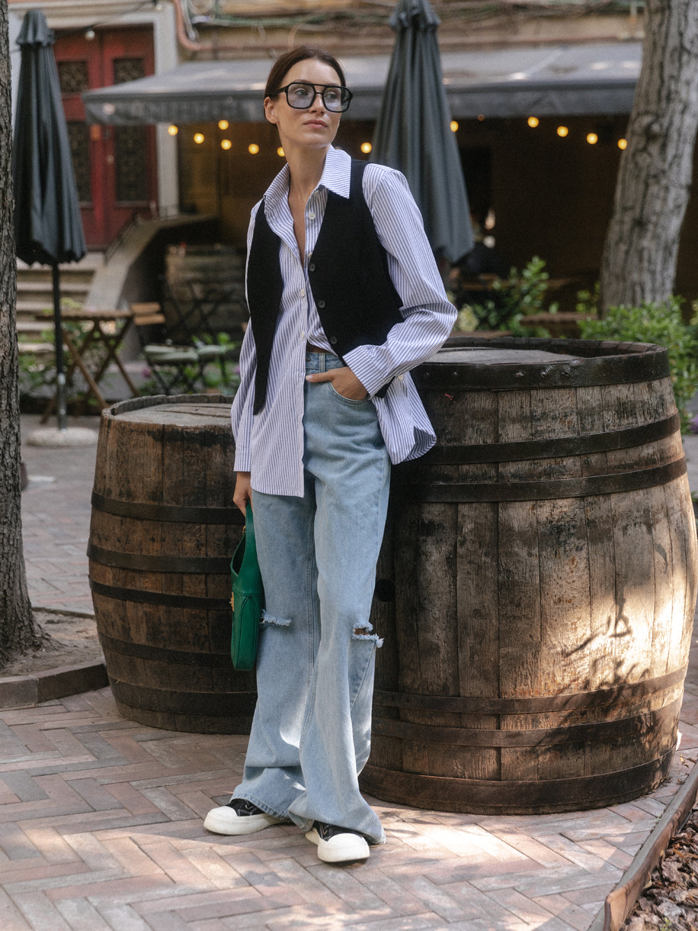 Blue cotton shirt with functional buttons on the sides