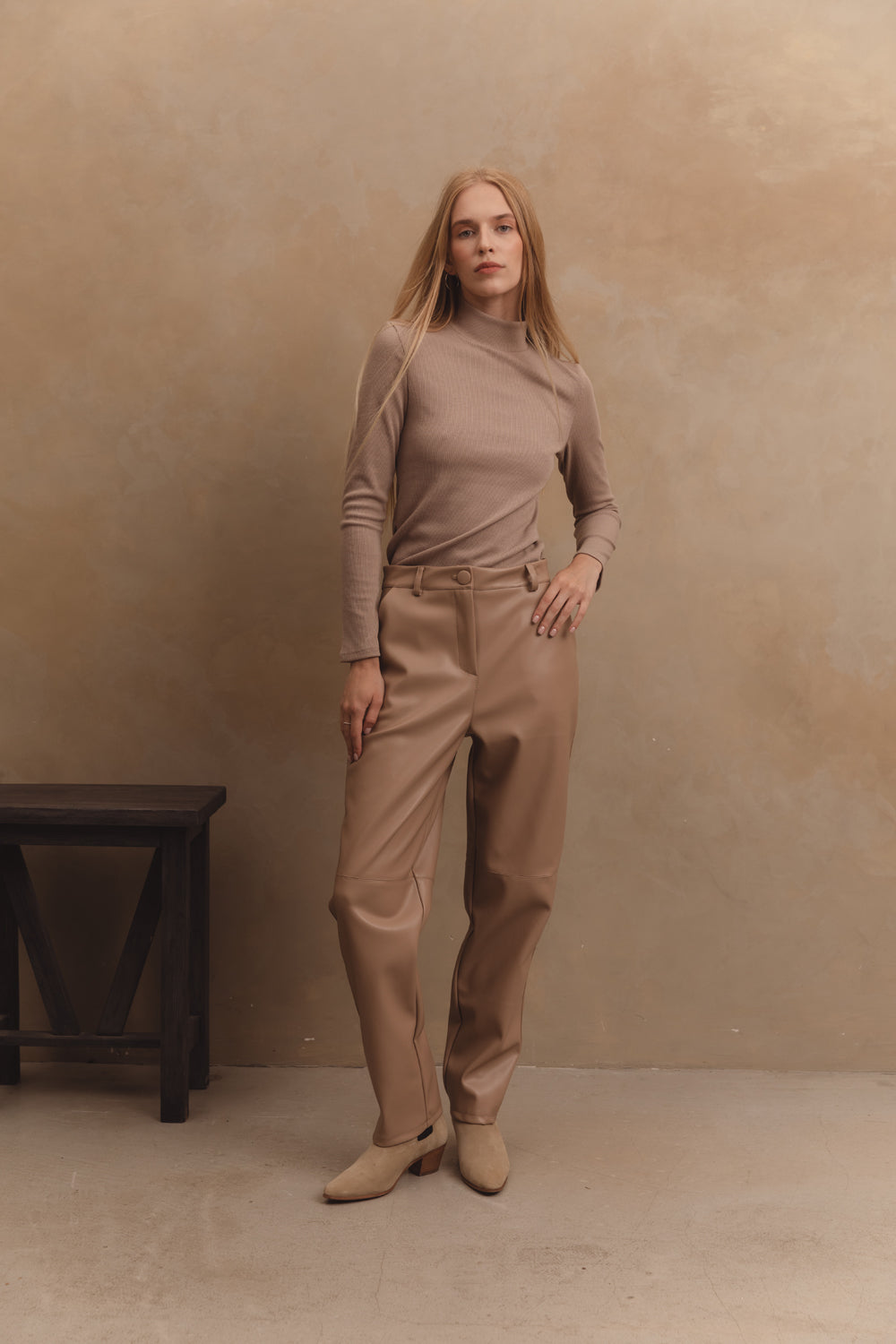 Beige eco-leather straight-leg trousers