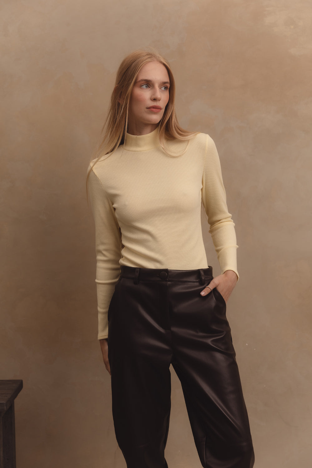 Eco-leather straight trousers in color "Chocolate"