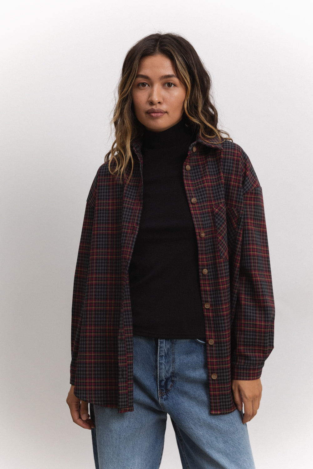 Chemise oversize à carreaux bordeaux