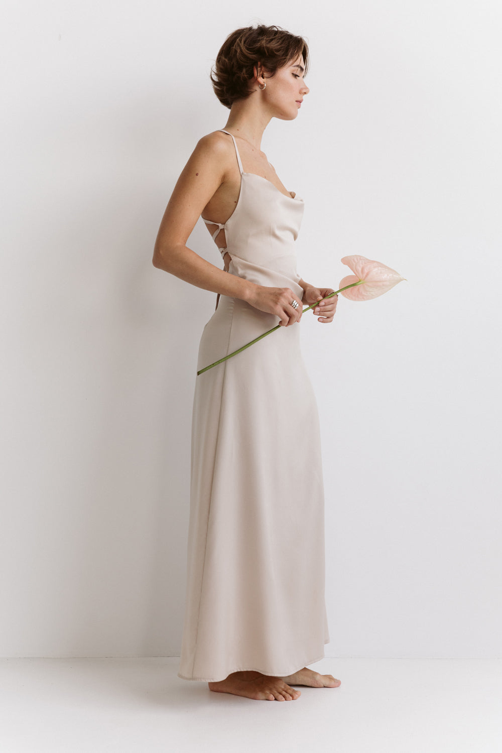 Satin dress in linen style with open back