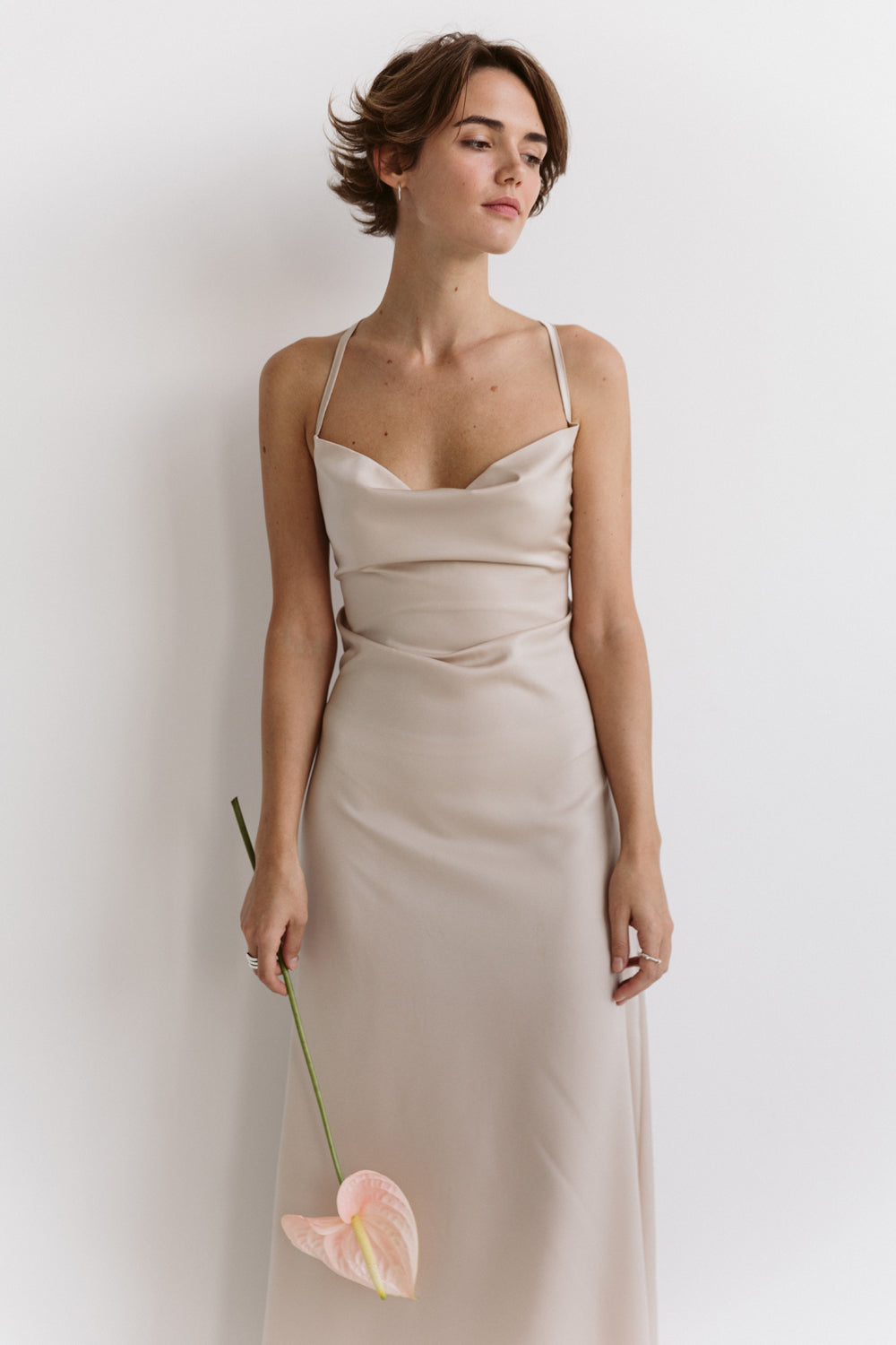 Satin dress in linen style with open back