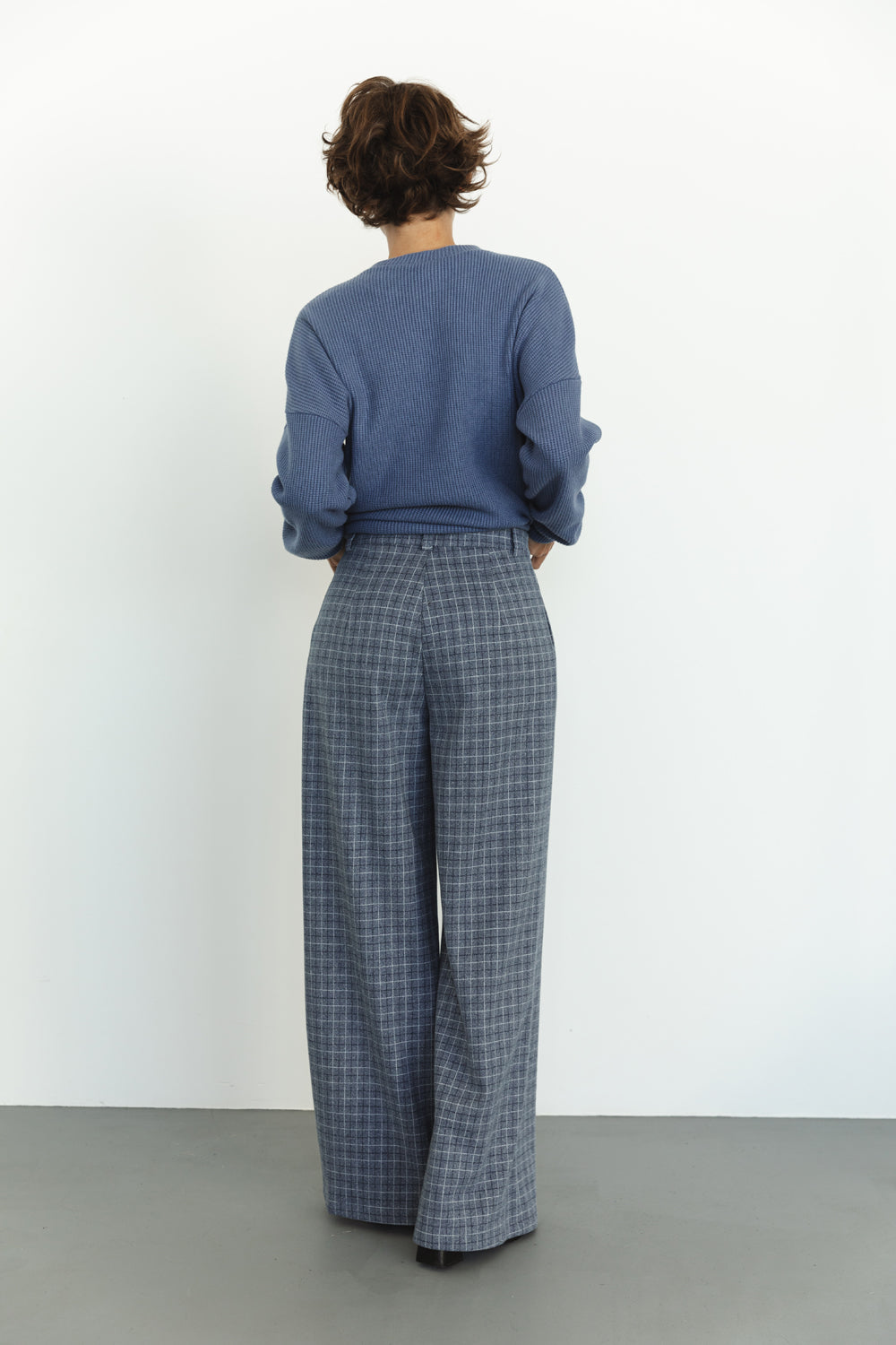 Pantalon Palazzo à Jambes Larges Carreaux Bleu