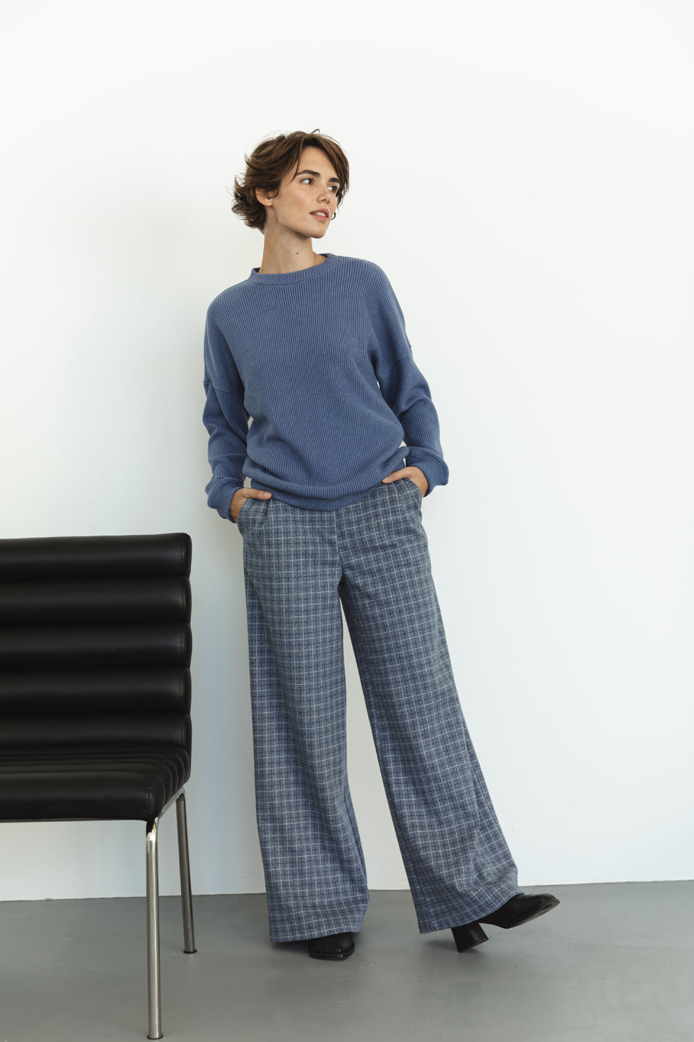 Pantalon Palazzo à Jambes Larges Carreaux Bleu