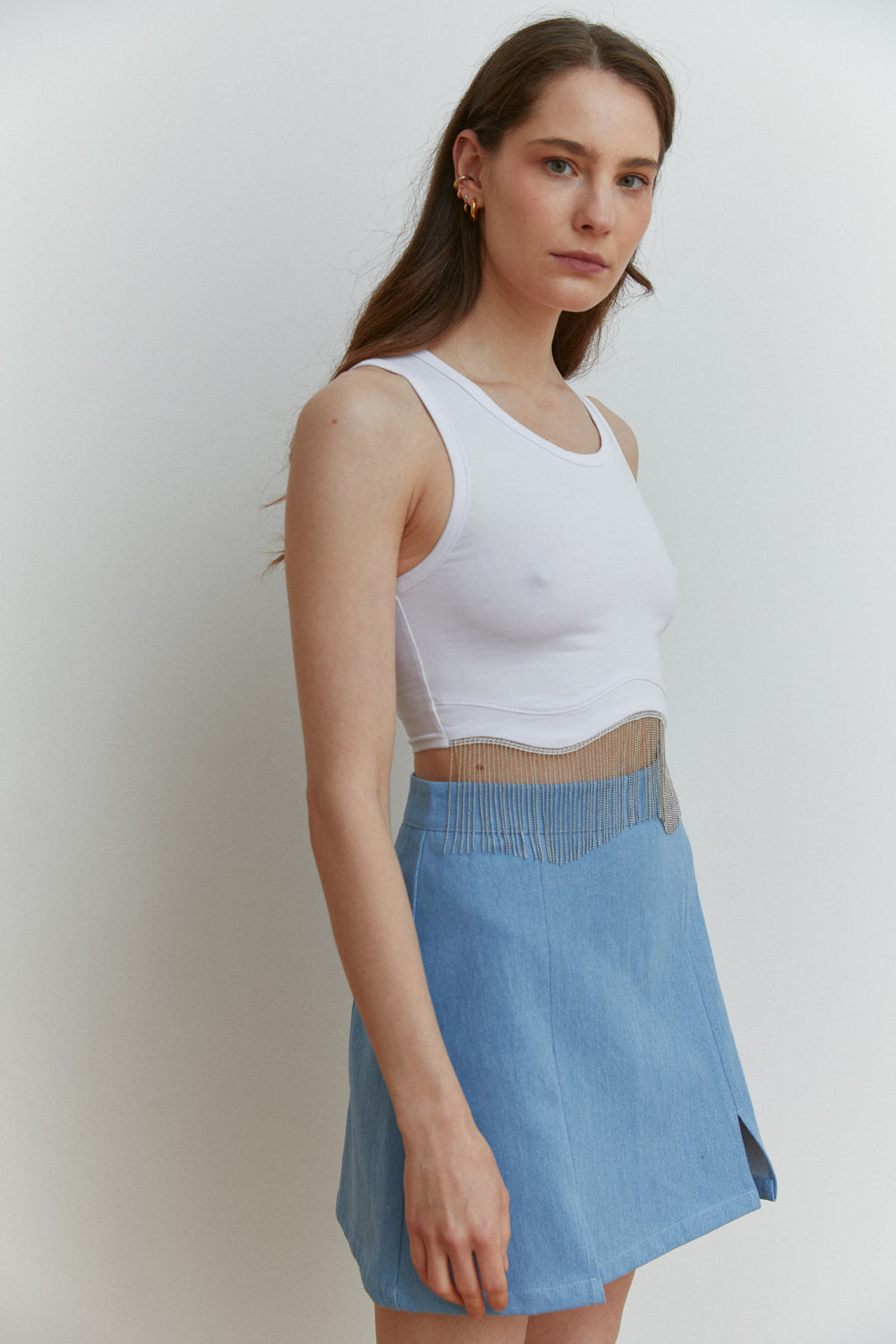 White Sleeveless Top with Silver Beaded Fringe