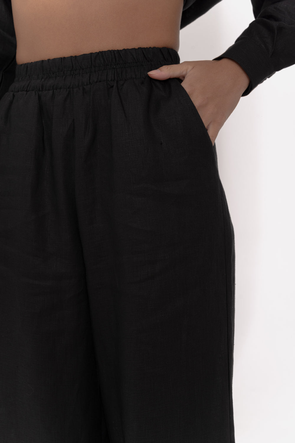 Pantaloni di lino nero con cintura elastica