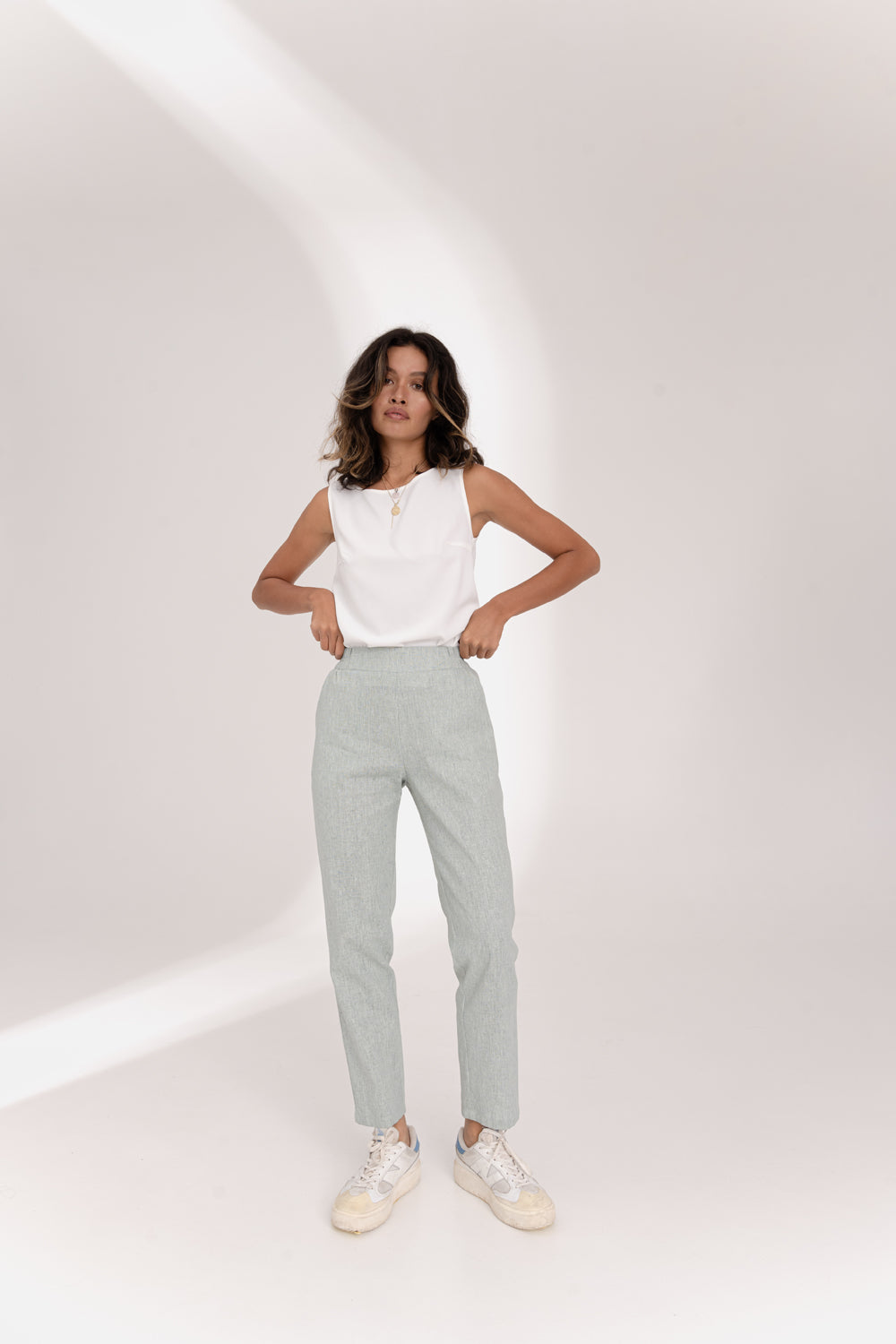 Mint linen trousers with elastic waistband