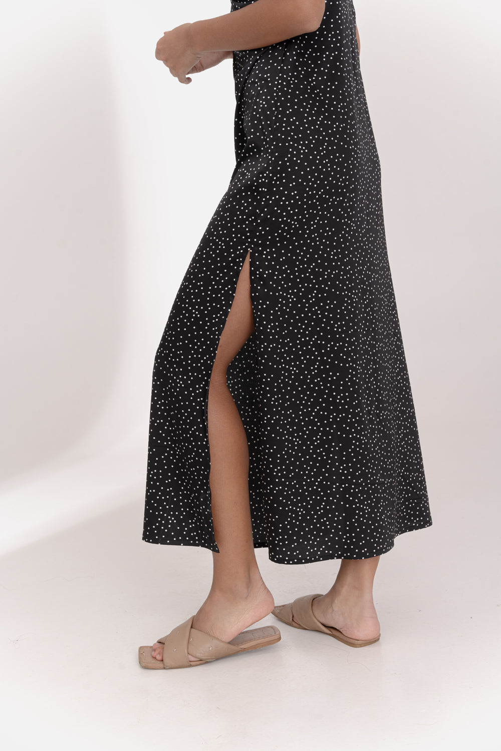 Black silk midi dress in linen style