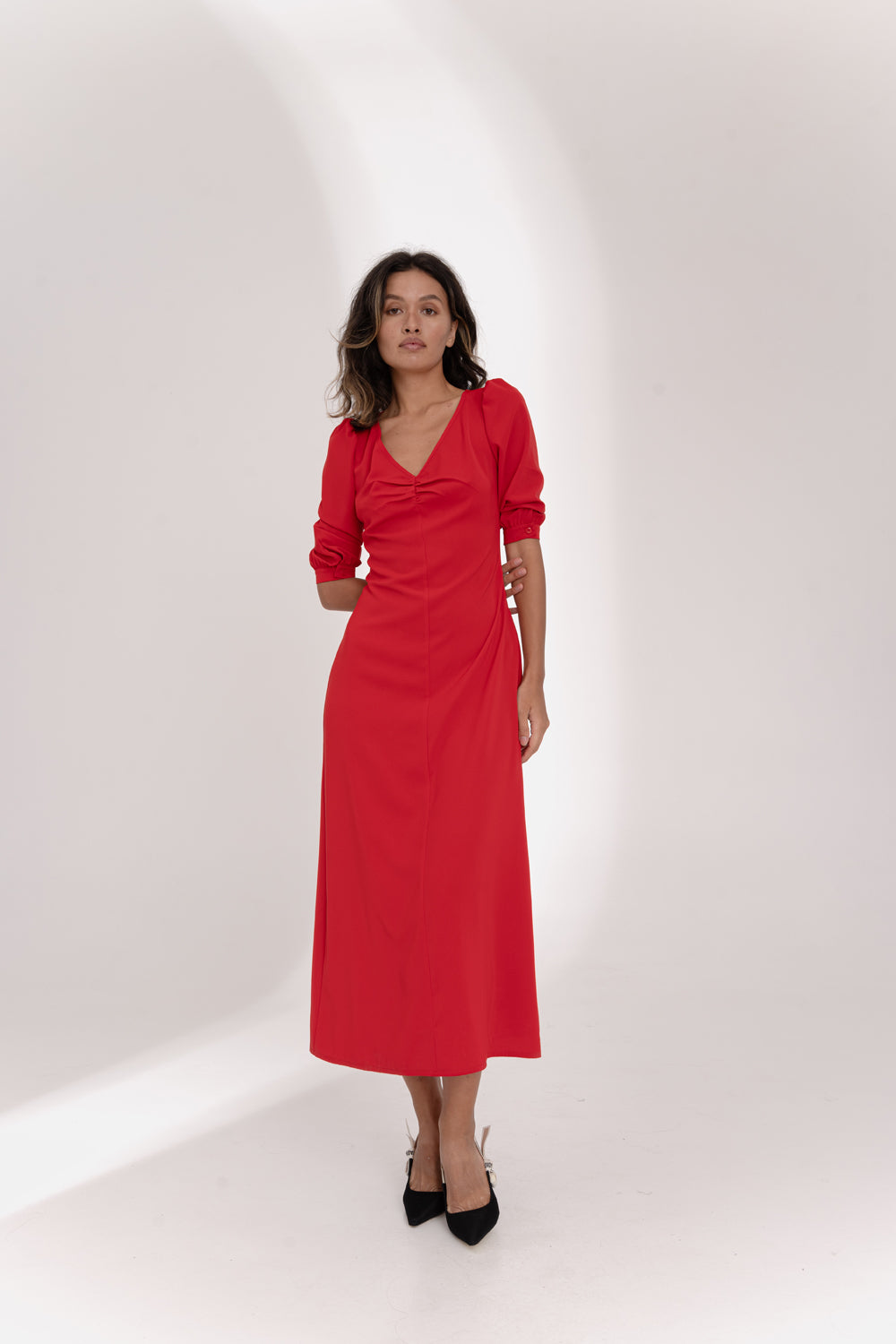 Red flowy dress with ruching at the chest