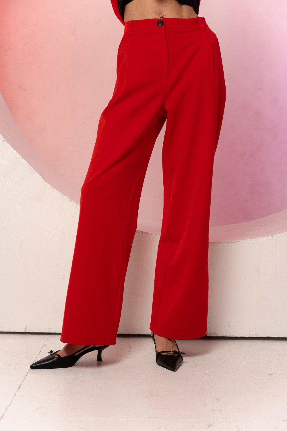 Red wide trousers with a belt