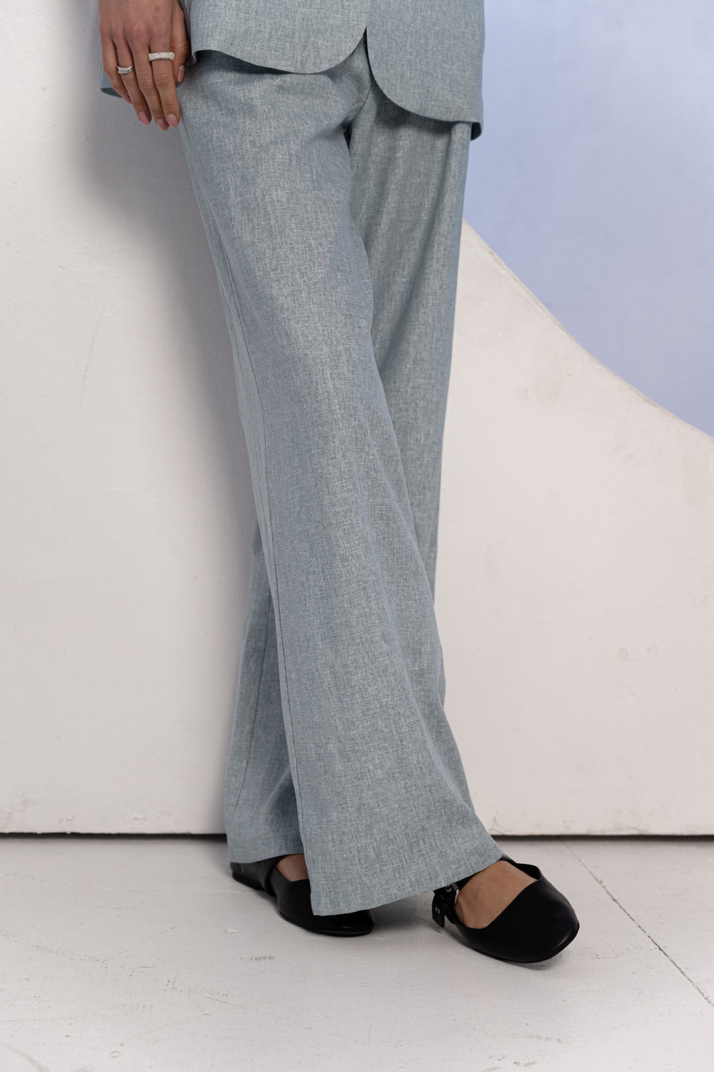 Gray-blue wide linen trousers with a belt